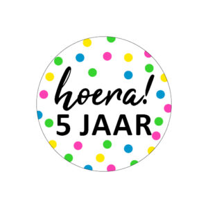 Sticker rond 40 mm (5 stuks) | Hoera, 5 jaar!