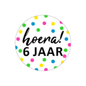 Sticker rond 40 mm (5 stuks) | Hoera, 6 jaar!